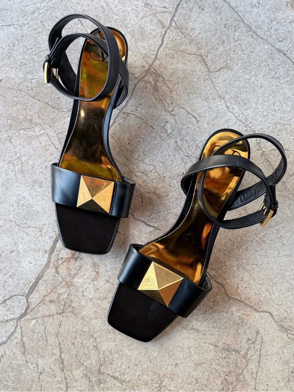 NEW! Valentino Garavani One Stud Black Leather Block Heel Sandals